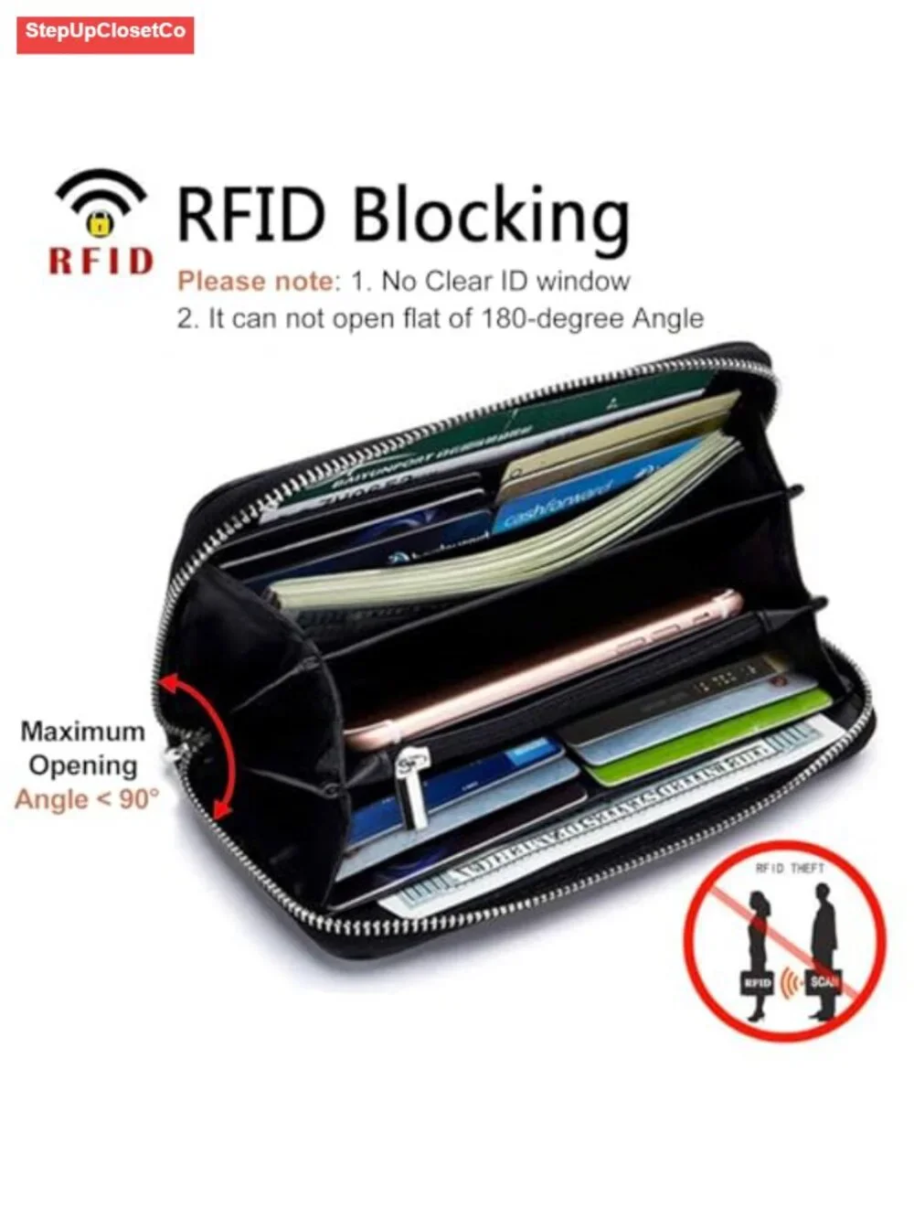 RFID Blocking Genuine Leather Zip Clutch Wristlet Wallet for Women